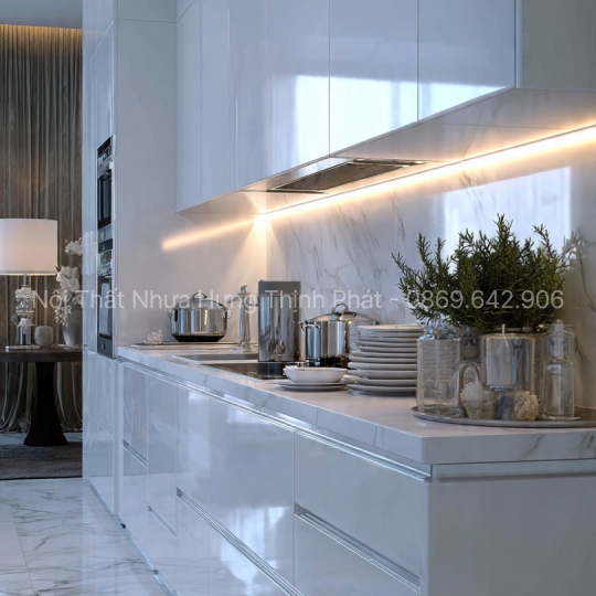 Mẫu tủ bếp nhựa màu trắng tinh tế – Xu hướng 2025, sang trọng & chống nước 100%
