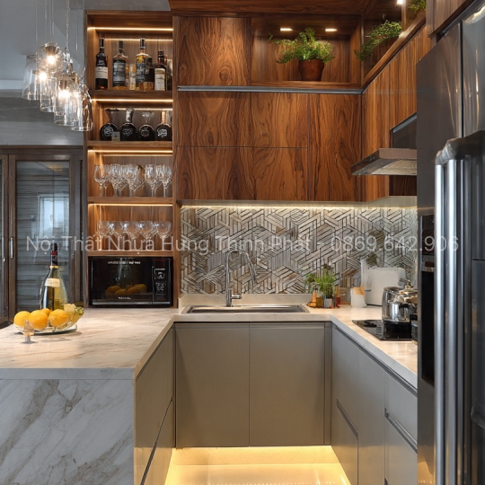 Tủ bếp nhựa kết hợp quầy bar mini đẹp – Giải pháp bếp hiện đại, tối ưu diện tích 2025