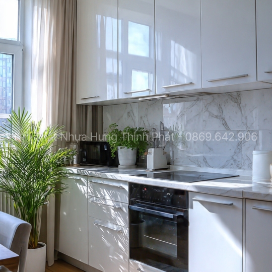 Mẫu tủ bếp nhựa màu trắng tinh tế – Xu hướng 2025, sang trọng & chống nước 100%